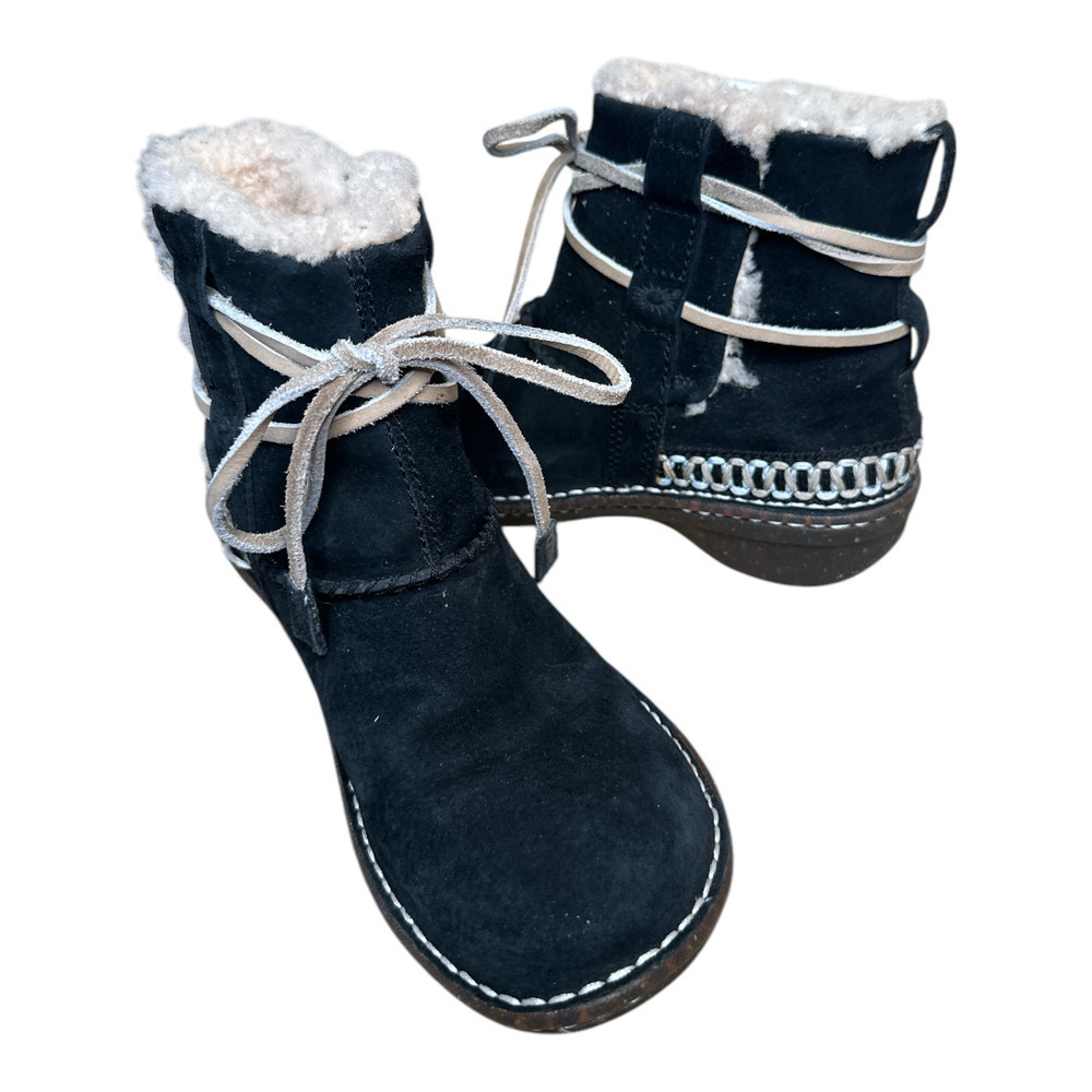 Ugg Black Suede Shearling Inside Slip On Winter Booties Women's Sz 7 Heel 1.5" - Picture 5 of 13